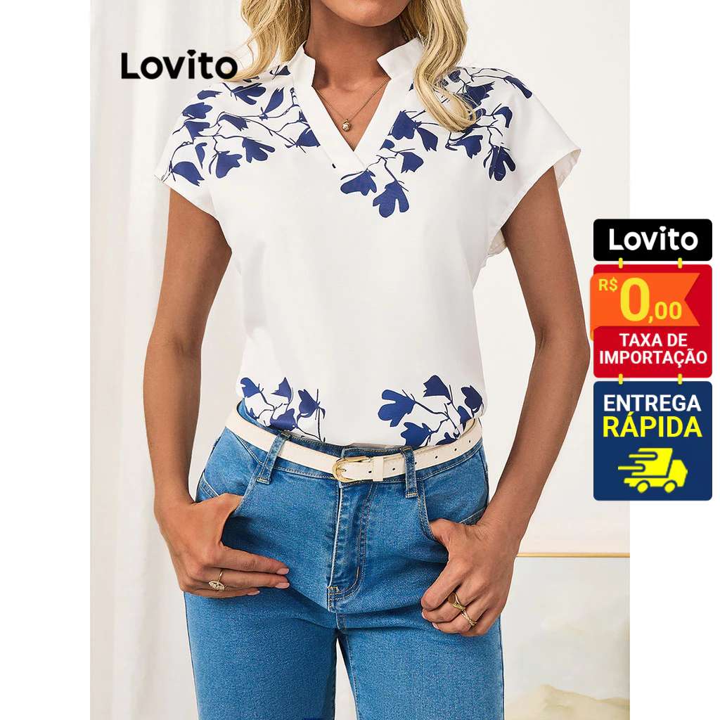 Blusa Lovito Básica Gola V Sem Manga com Estampa Tropical
