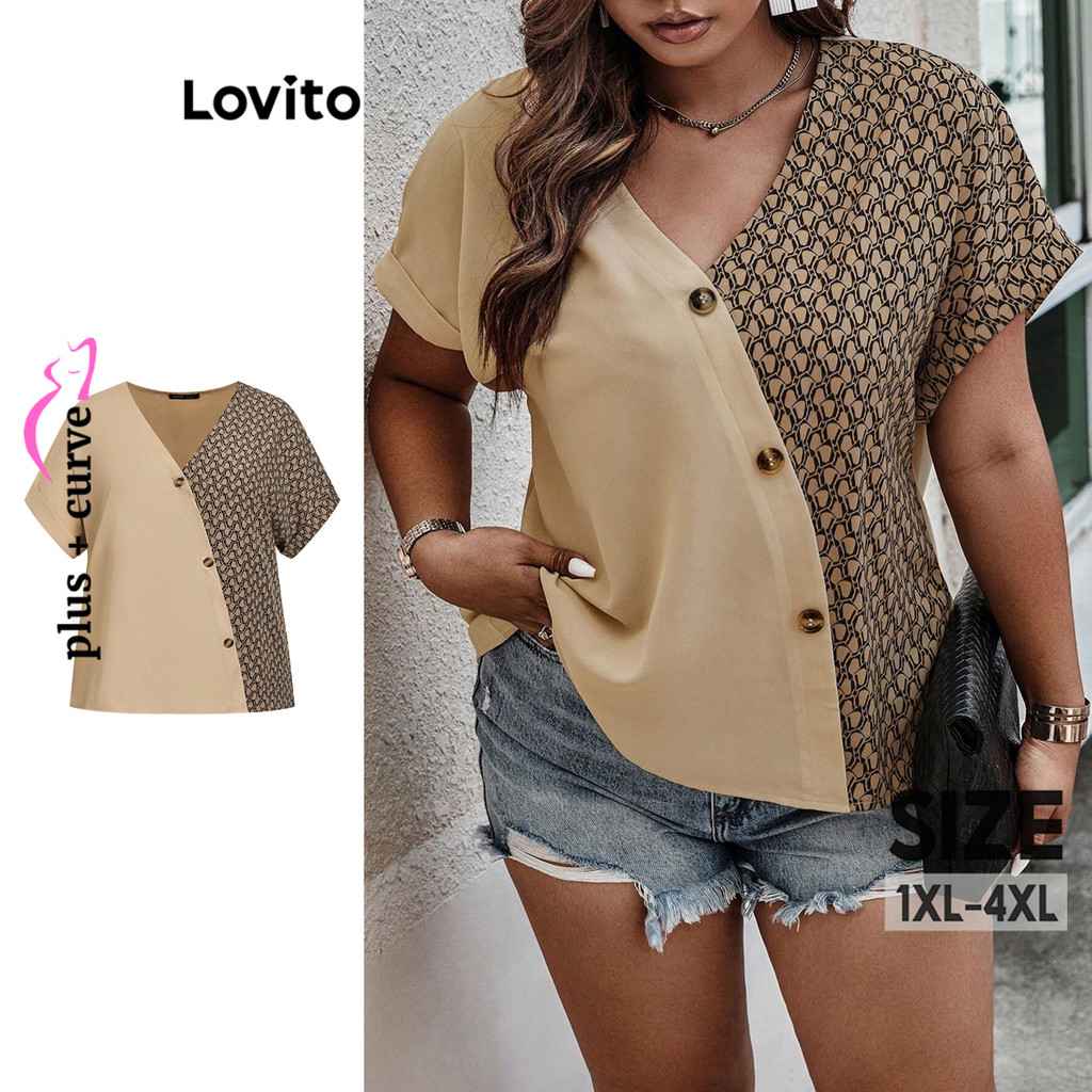 Blusa Lovito Casual Plus Size com Estampa Geométrica – Verão/Primavera
