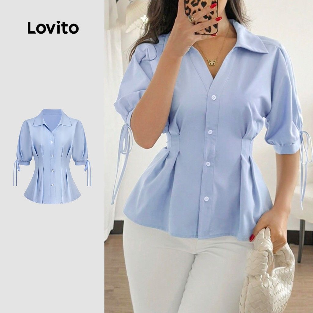 Blusa Lovito Elegante: Azul, Botão Frontal e Conforto!