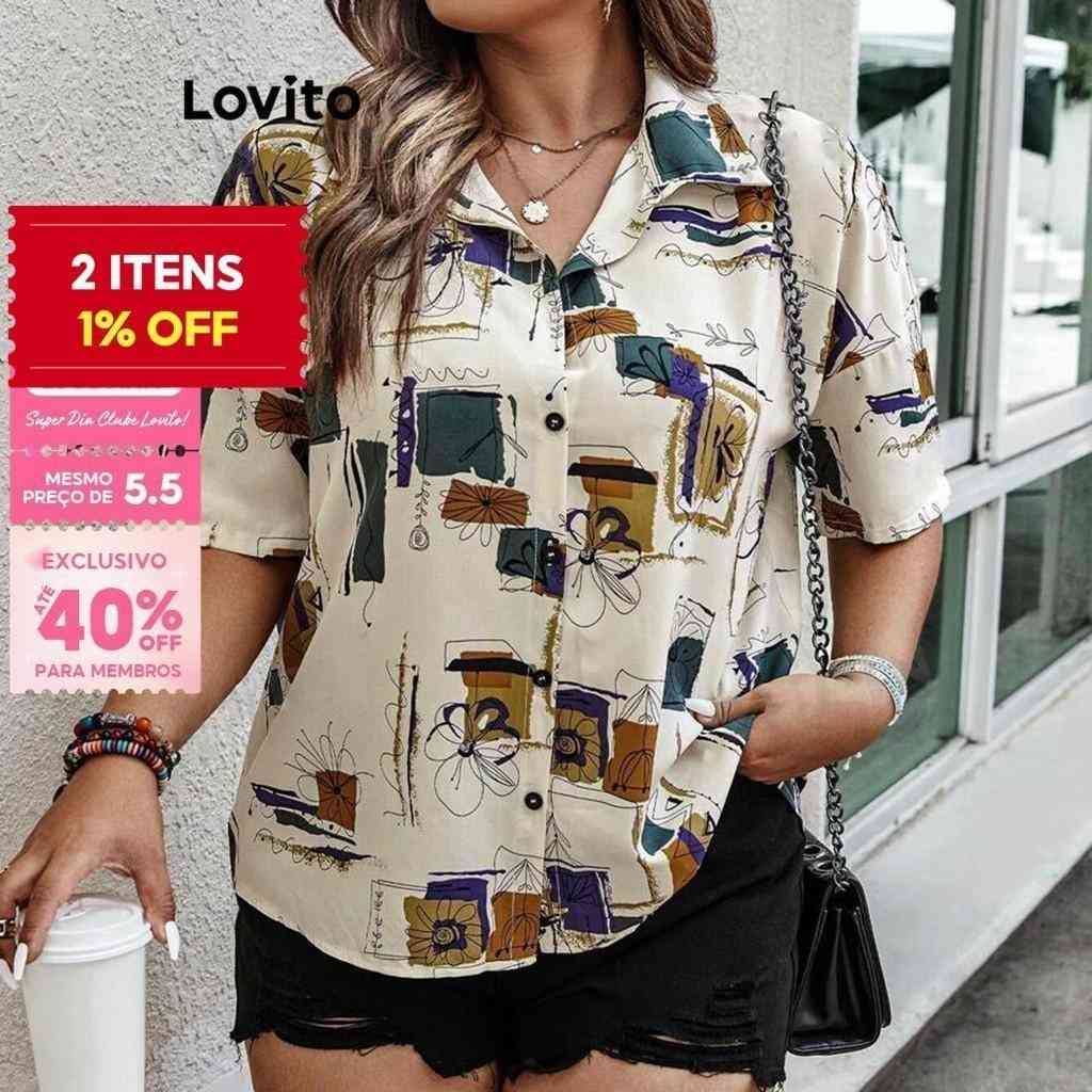 Blusa Lovito Plus Size Pintada à Mão - Estampa Verão/Primavera