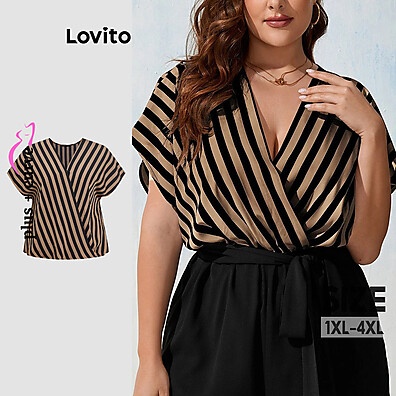 Blusa Plus Size Listrada Assimétrica Lovito – Estilo e Conforto