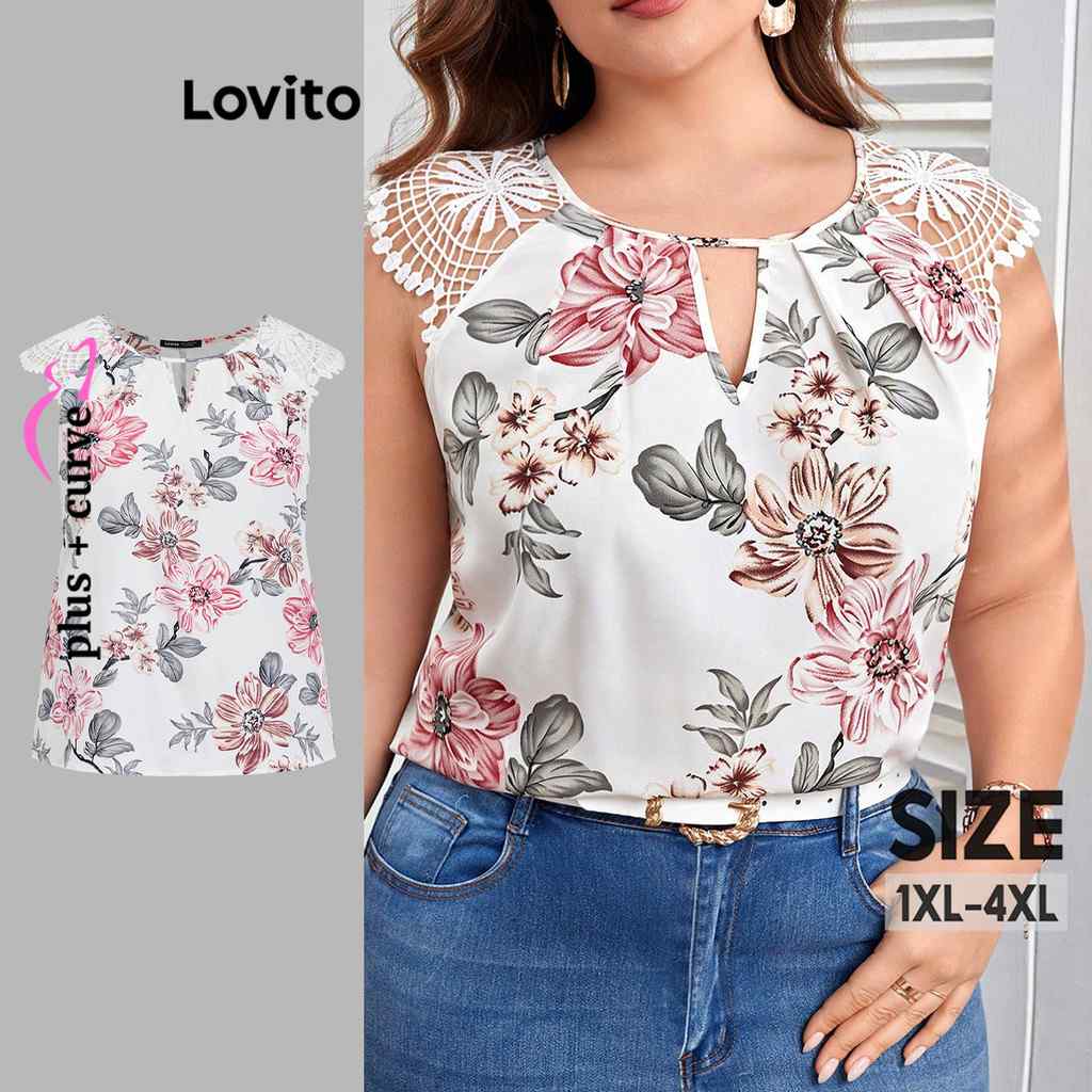 Blusa Plus Size Lovito: Boho Floral e Renda