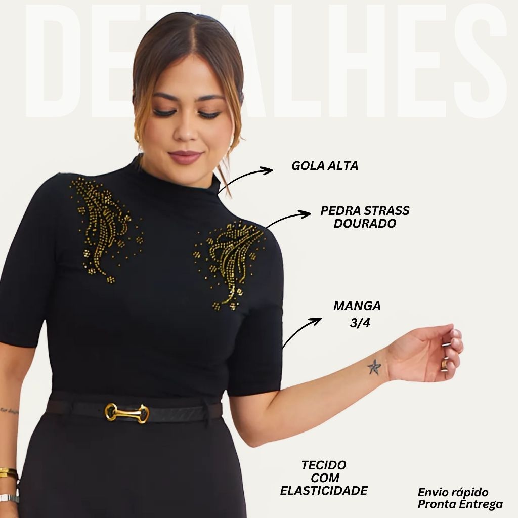 Blusa Strass Dourado: Elegância Plus Size & Regular