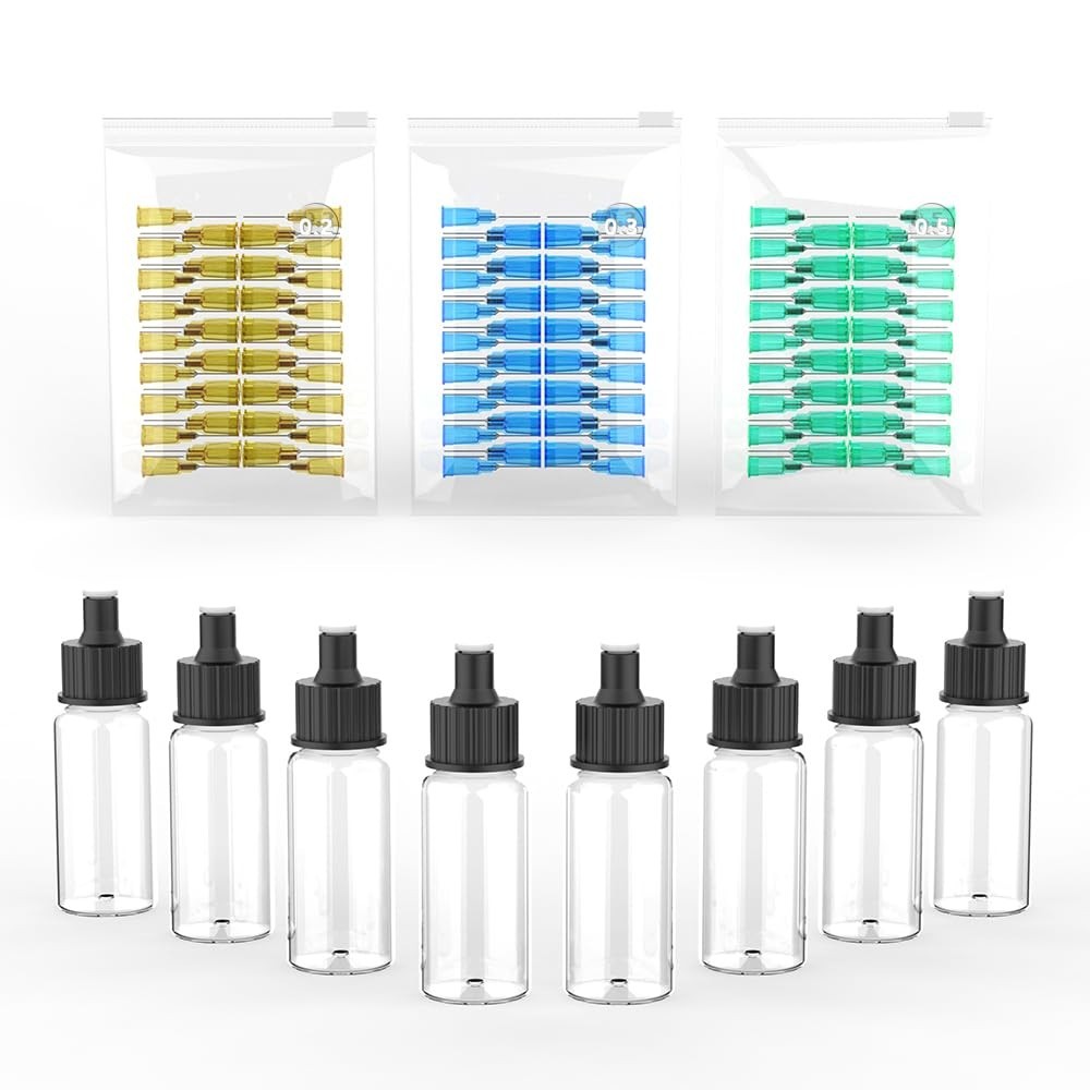 Kit Completo para Aerografia - 8 Frascos de Tinta + 150 Bocais 0,2/0,3/0,5mm - Compatível com TK-AB0078