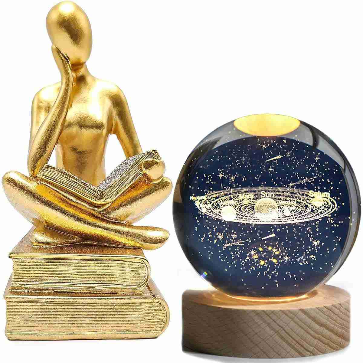 Kit Decorativo Luminária Bola de Cristal Galáxia + Estátua Pensador Abstrato - Decoração Criativa e Inspiradora