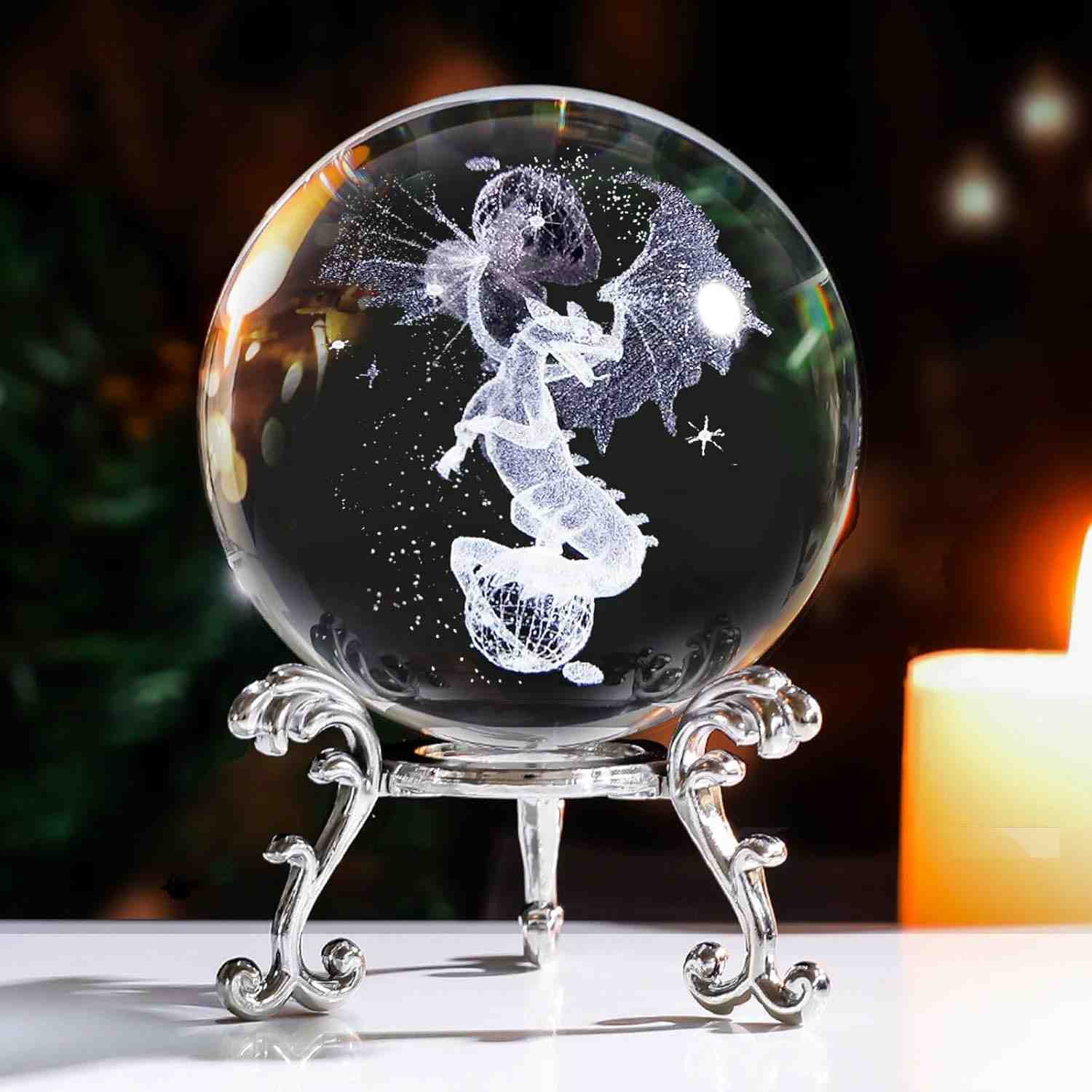 Bola de Cristal de Dragão 3D com Suporte – Estátua de Vidro Decorativa Gravada a Laser