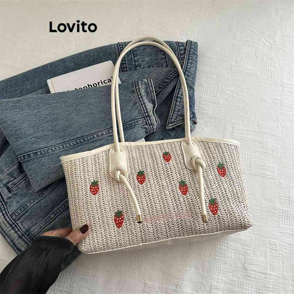Bolsa de Palha Morango Lovito: Estilo Casual para Verão e Viagem