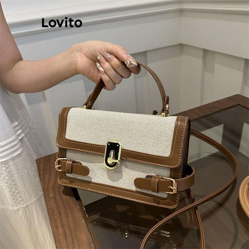 Bolsa Lovito Casual Retalhos Contraste Cores Palha PU Quadrada