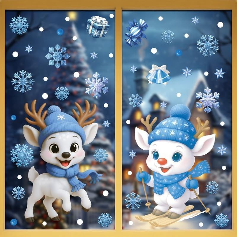 Adesivos de Janela de Natal 3D - Boneco de Neve Azul e Floco de Neve para Decoração Festiva