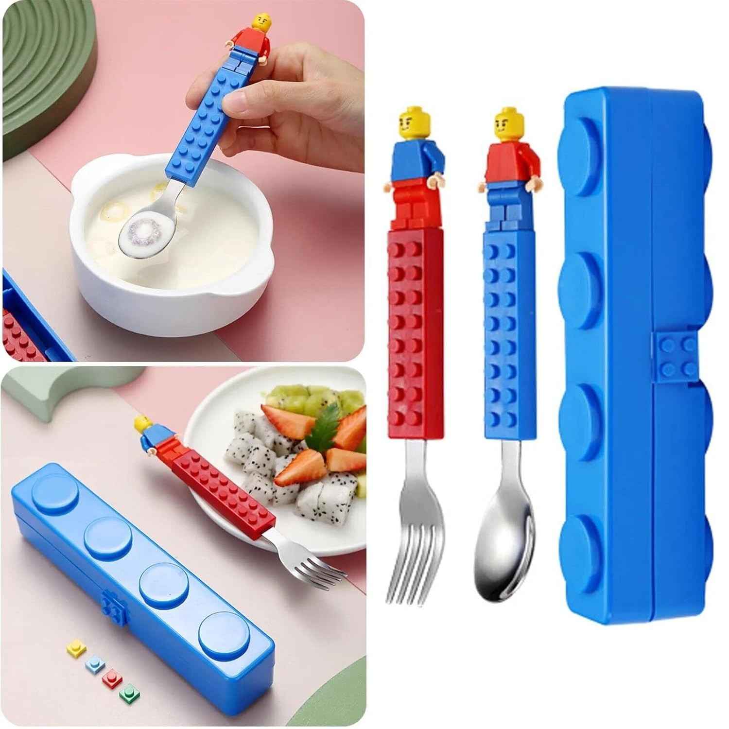 Kit Talheres de Blocos de Montar com Bonecos Minifigures – Divertidos e Criativos para Lancheira e Escola