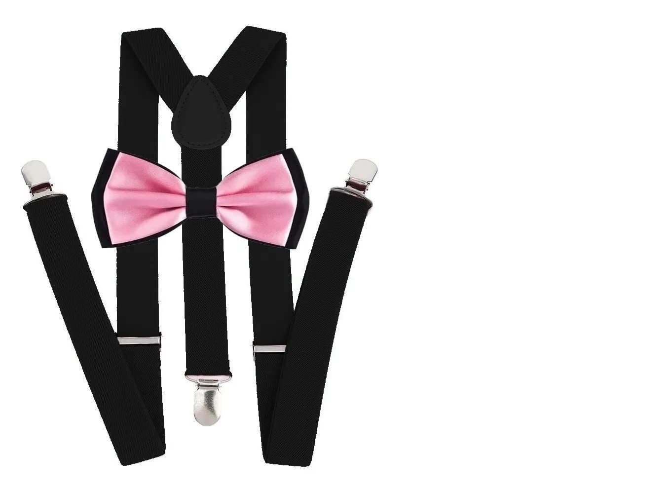 Kit Suspensório Preto + Gravata Borboleta Dupla Rosa Bebê