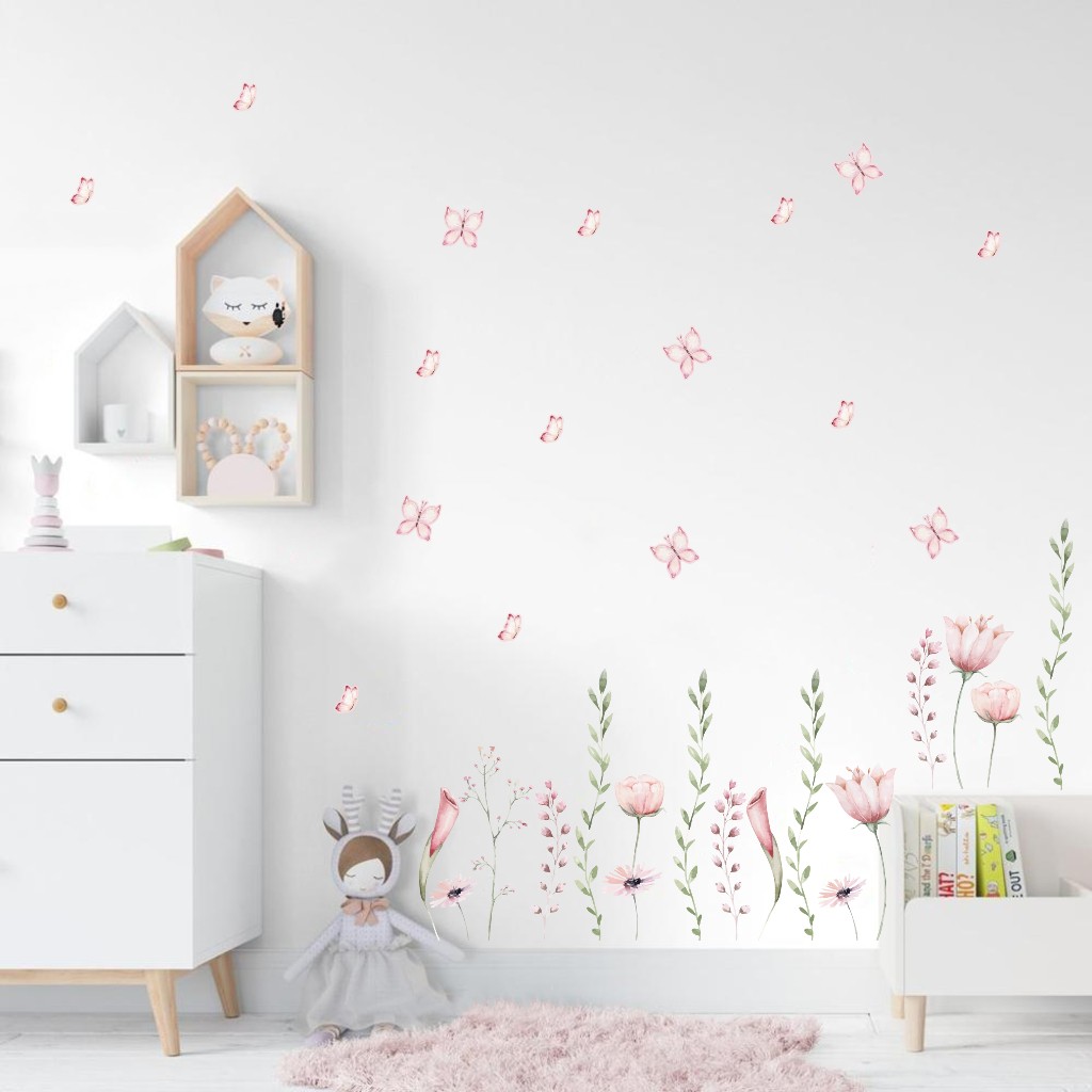 Adesivo Floral para Quarto de Bebê com Borboletas