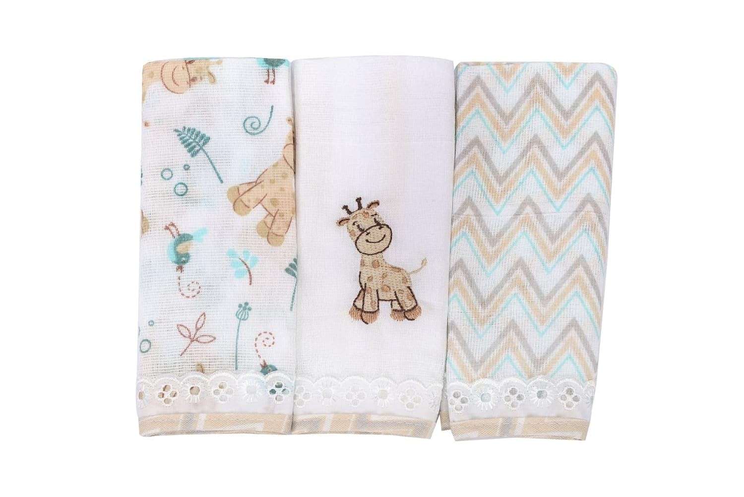 Pano de Boca Babete Fralda Bordado Kit 3 Unidades com Estampas Fofas - Minasrey Dengo