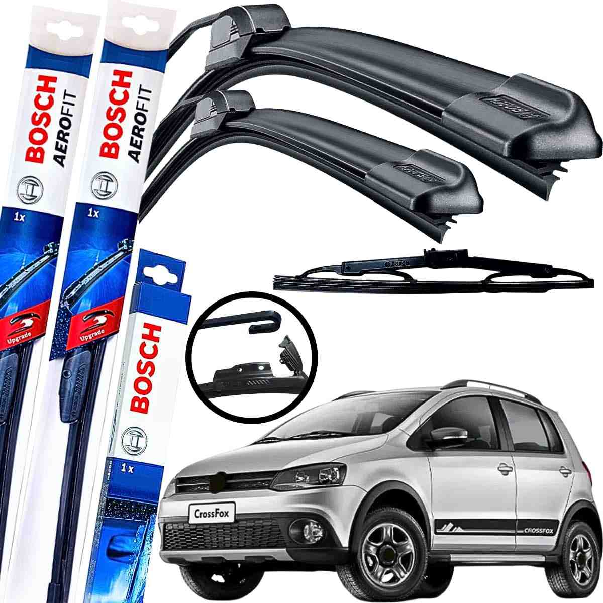 Kit Palhetas Limpador Parabrisa Bosch Aerofit Dianteiro + Traseiro para VW Crossfox (2009-2012) - Limpeza Impecável e Visibilidade Clara