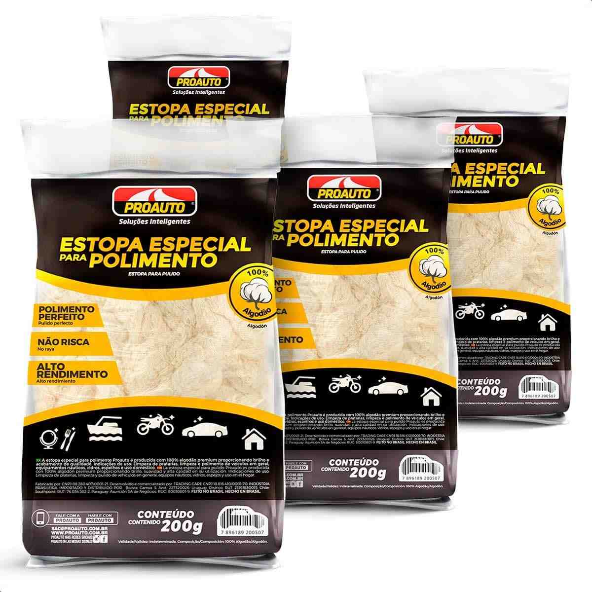 KIT 4 Estopas Especial para Polimento 100% Algodão Branca Proauto 200g - Acabamento Impecável sem Riscos