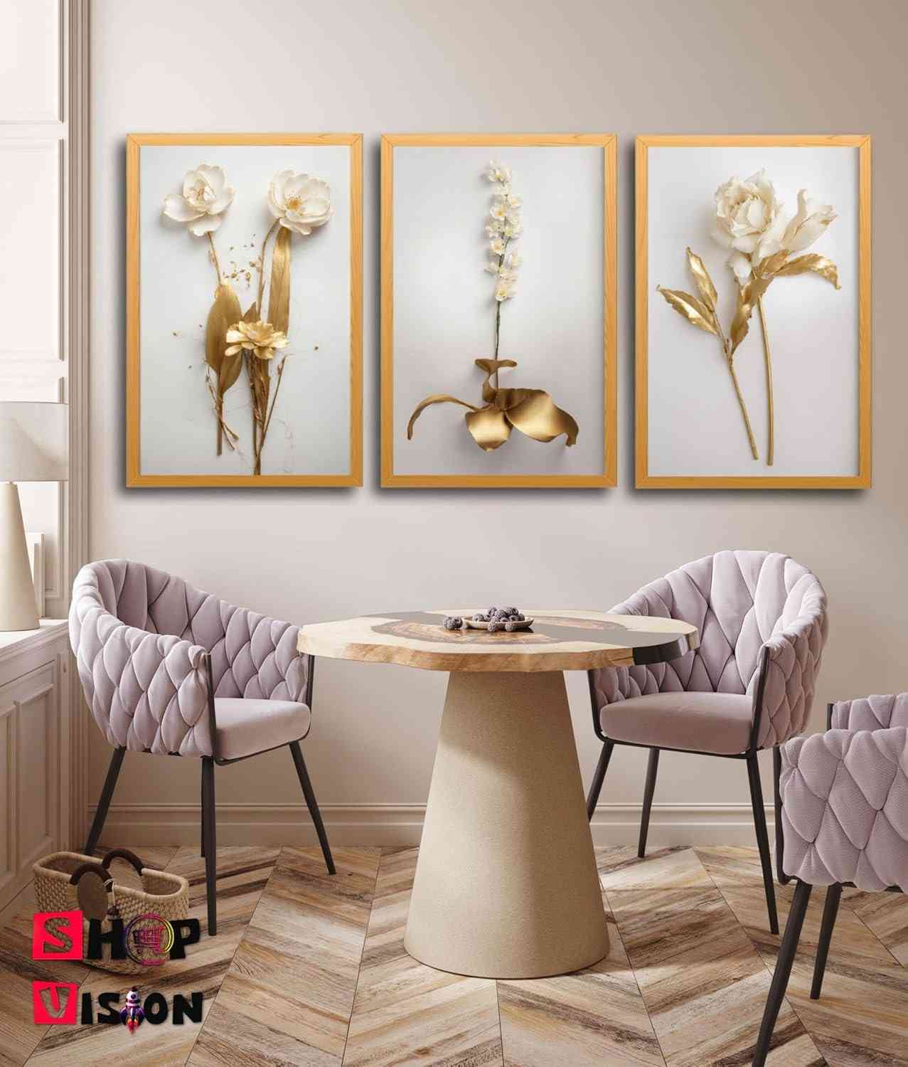 Quadros Decorativos Flor Tulipa Branca Dourada - Trio 3 Peças 50x30cm | Design Premium para Quarto e Sala