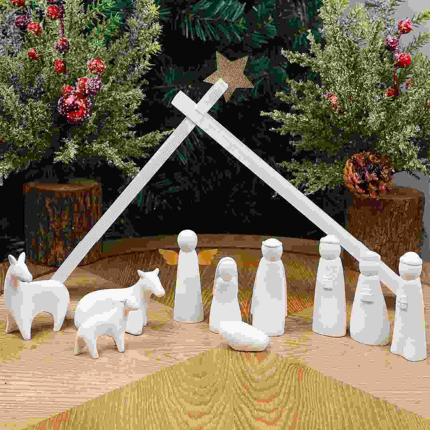 Conjunto de Presépio de Natal com 11 Estatuetas em Resina Branca - Decoração Religiosa Elegante