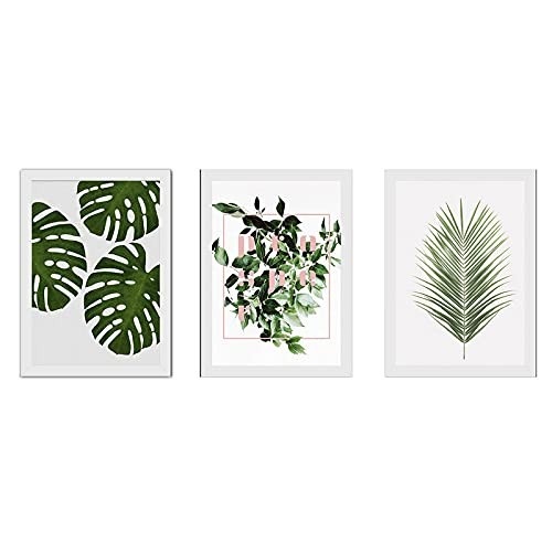 Kit 3 Quadros Decorativos Botânicos 18x24cm com Vidro - Molduras Brancas