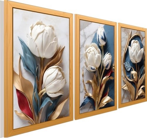 Kit 3 Quadros Decorativos com Flores Tulipa Brancas e Douradas - Design Elegante para Sala, Quarto e Cozinha