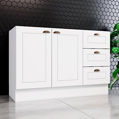Balcão 2 Portas 3 Gavetas 120cm Emily Henn Branco - Design Moderno com Amortecimento