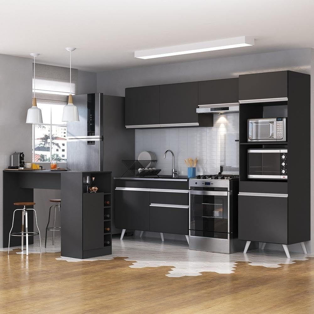 Armário de Cozinha com Bancada Gourmet Veneza - Design Moderno Preto e Branco