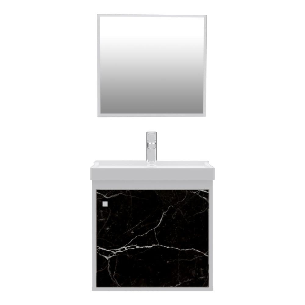 Gabinete com Cuba de Banheiro em MDF Premium Branco Marmorizado Preto - Veneto