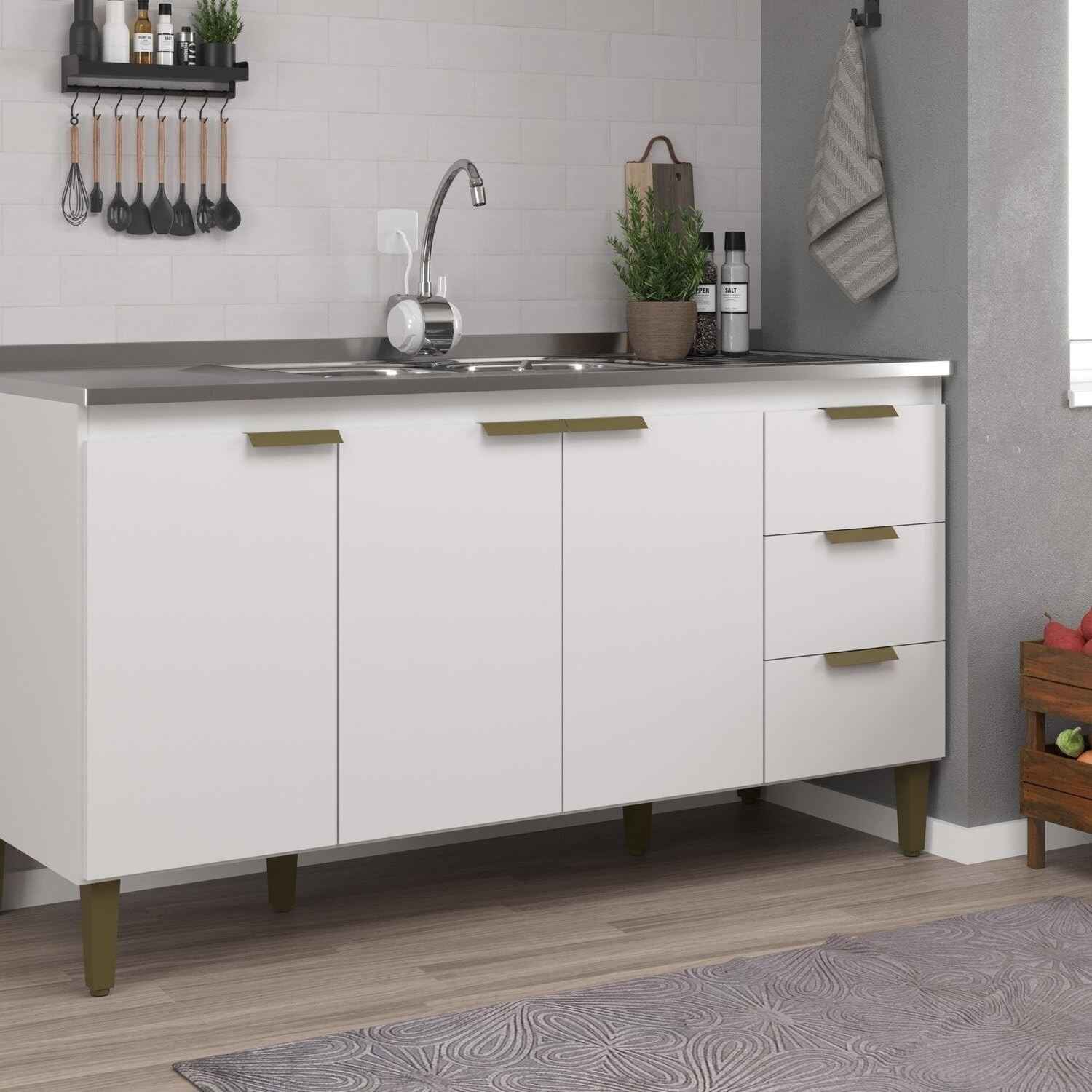 Balcão de Pia para Cozinha com 3 Portas e 3 Gavetas – Design Moderno em Branco