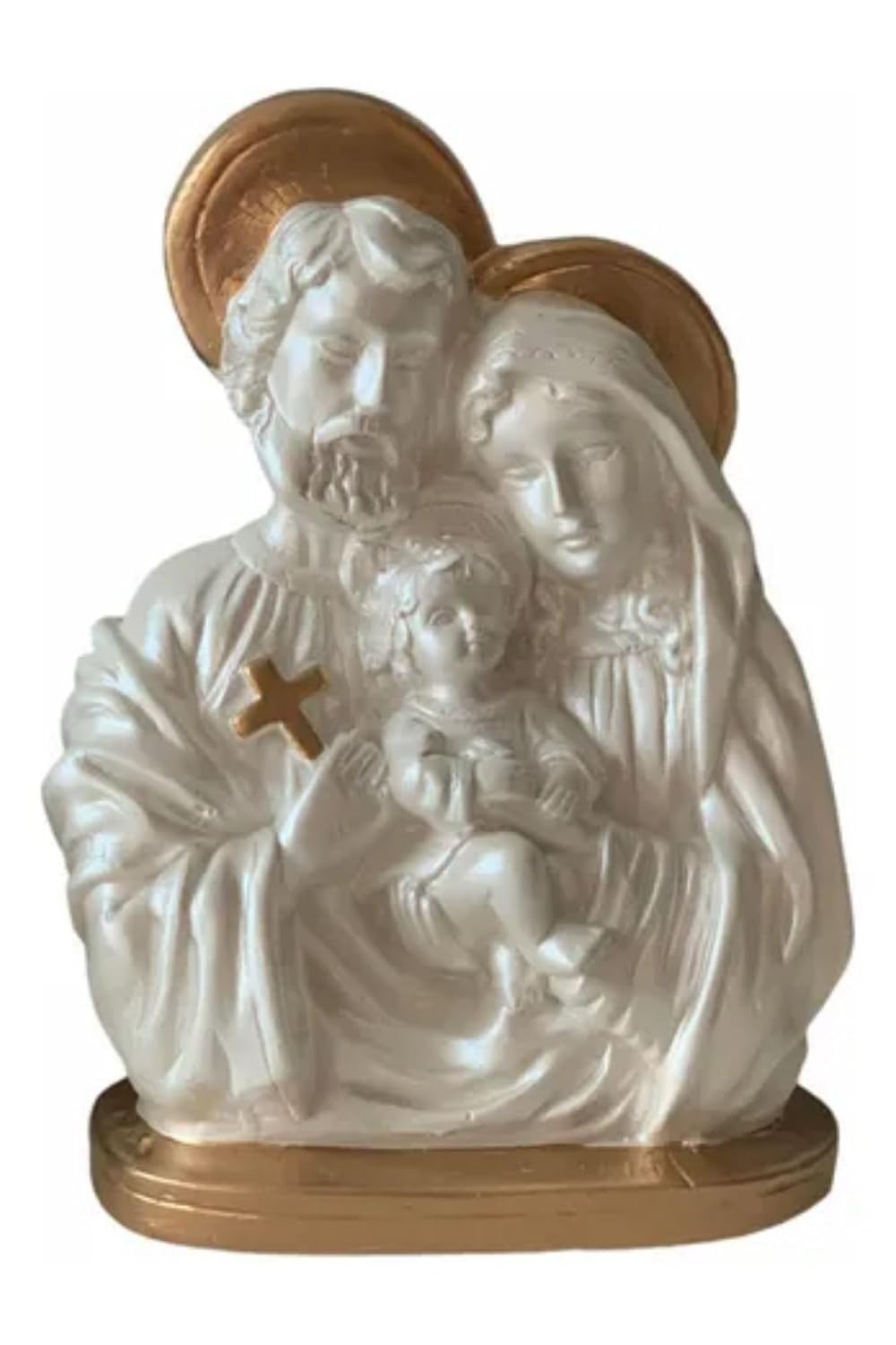 Estátua da Sagrada Família em Gesso Dourado e Branco - 15 cm | Decoração Religiosa Elegante e Significativa
