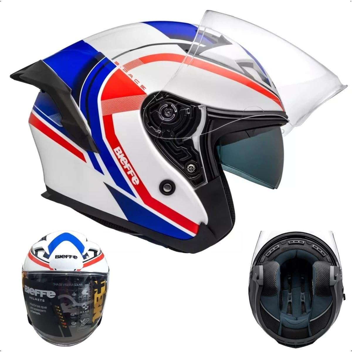 Capacete Moto Aberto Bieffe B-pace Wave Branco e Azul c/ Óculos Solar Interno