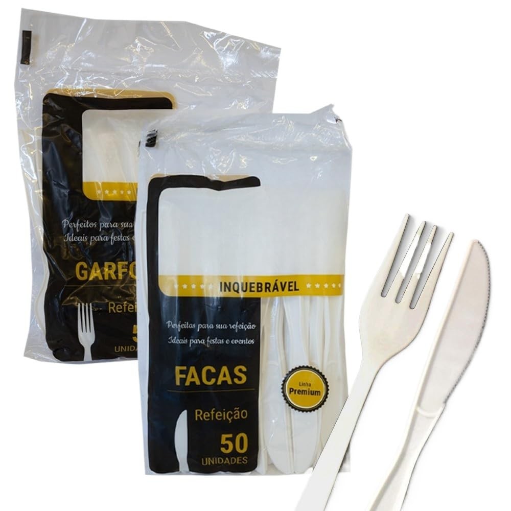 Talher Garfo e Faca Inquebrável Descartável Premium – Kit Completo para Churrasco e Festas (Branco)