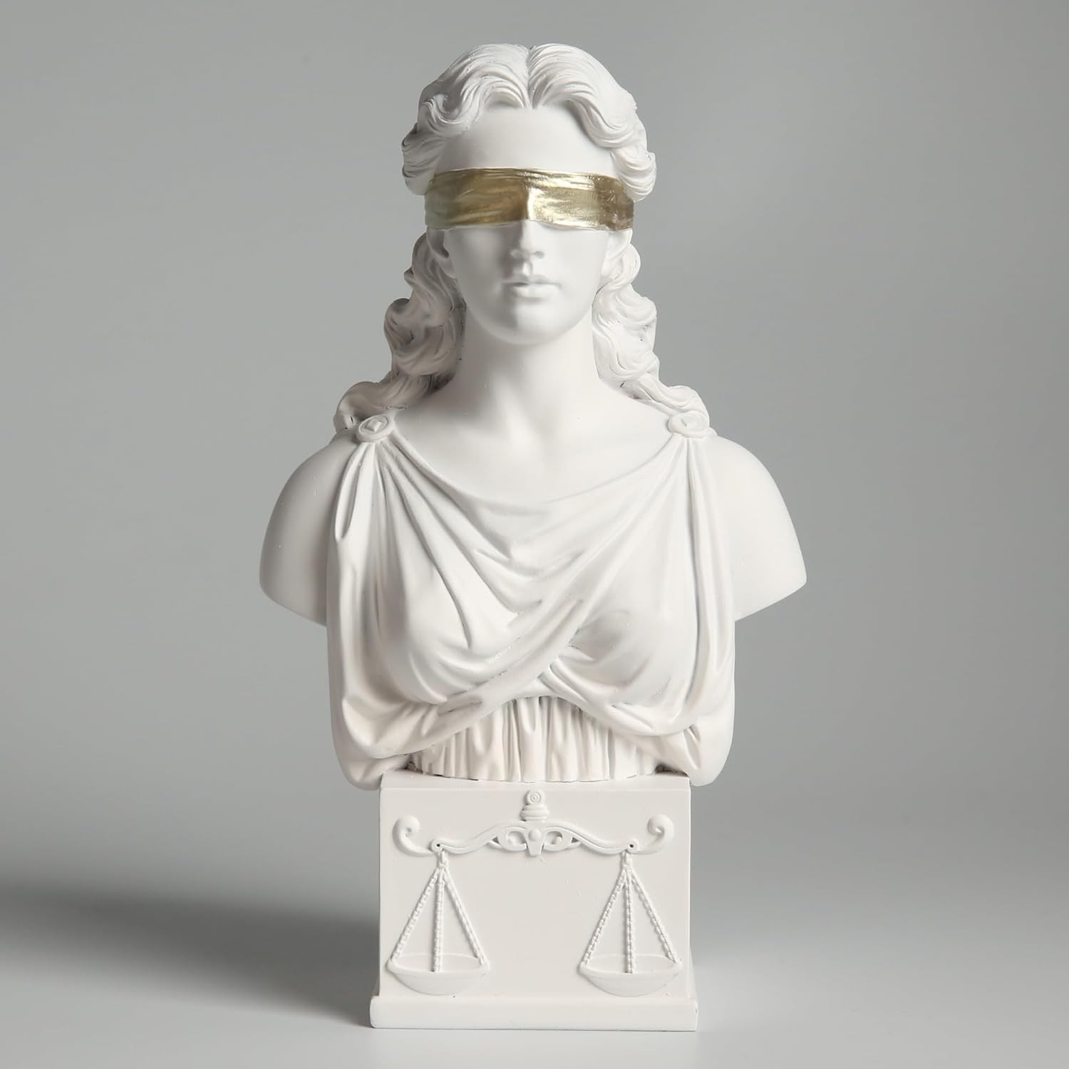 Busto de Dama da Justiça em Mármore Branco com Venda Dourada - 21cm - Escultura Clássica para Escritório de Advocacia