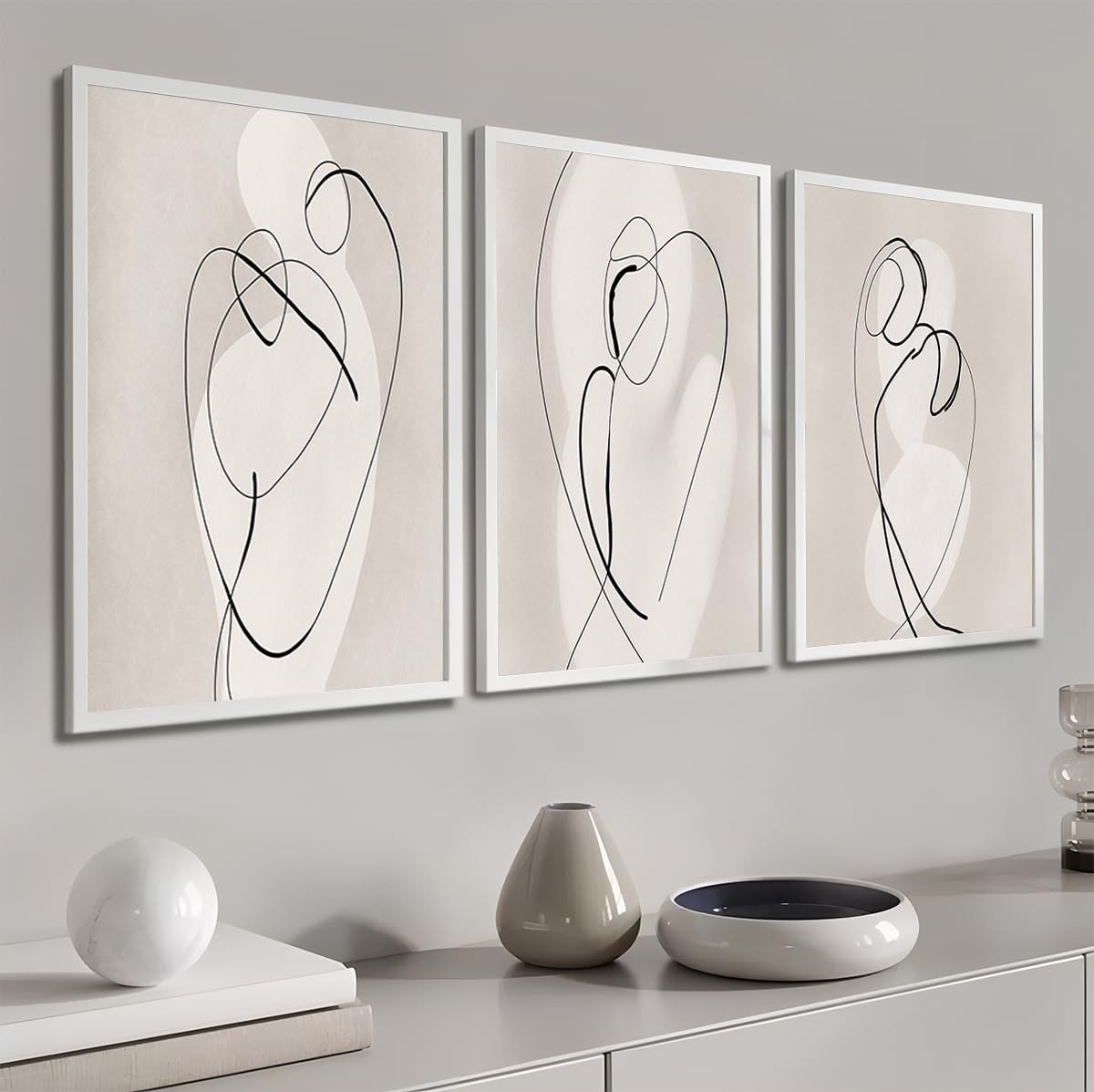 Kit 3 Quadros Arte Minimalista Riscos Forma Orgânica Moderno - 43x32cm Branco