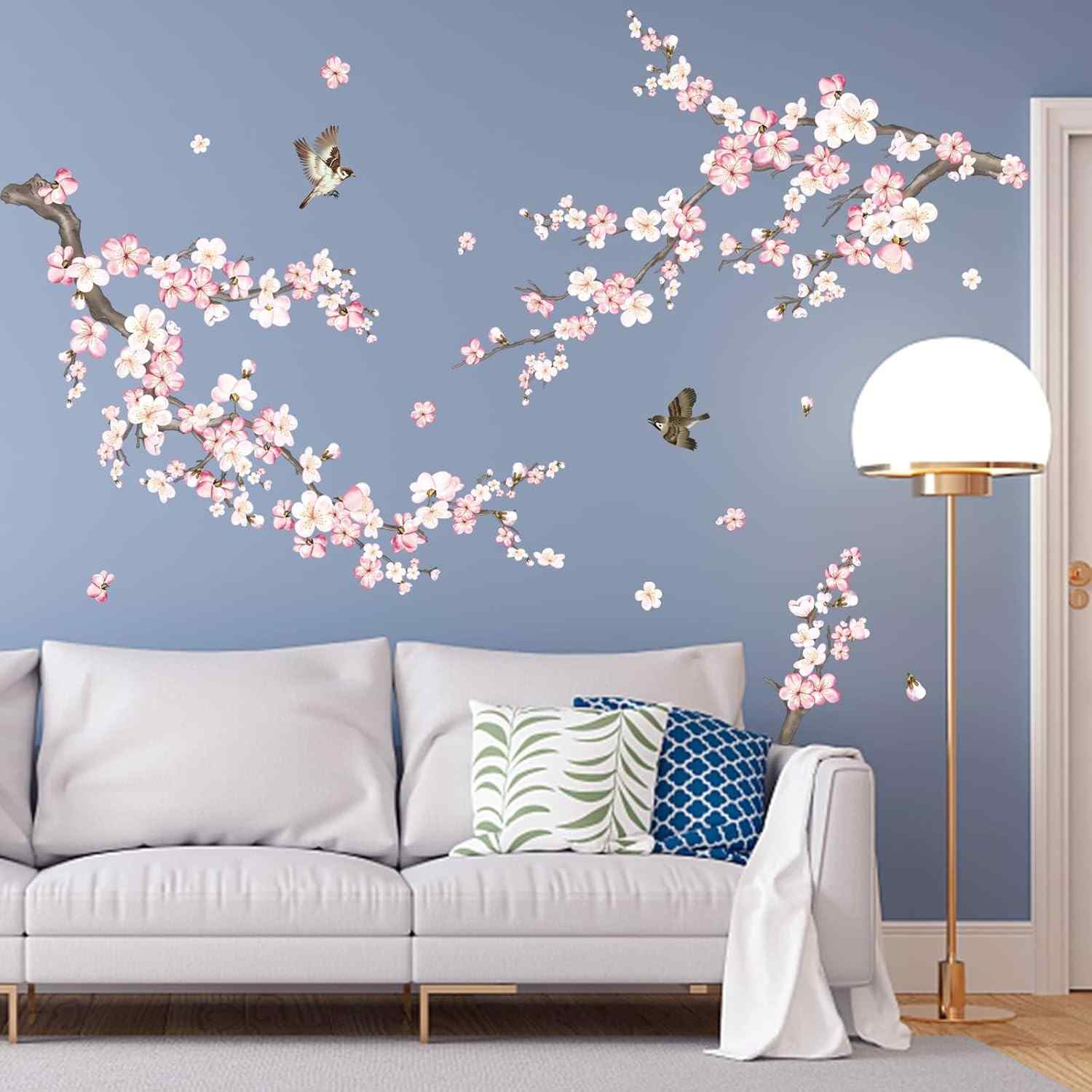 Adesivos de Parede Flor de Cerejeira Rosa e Branco - Decalque Autoadesivo para Sala, Quarto e TV