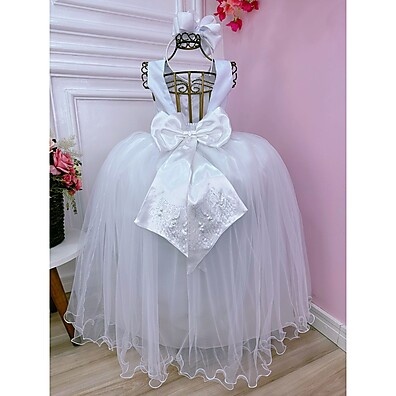 Vestido Infantil Longo para Damas de Honra e Formaturas com Pérolas Branco