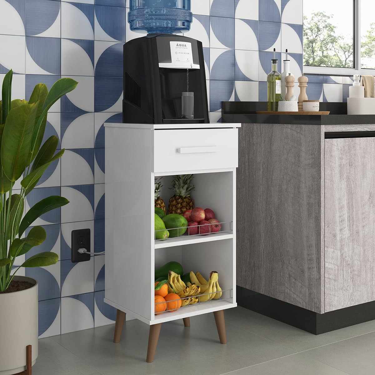 Balcão Fruteira com Suporte para Galão de Água - Armário Fenix com Pés Palito e Gaveta (Branco)