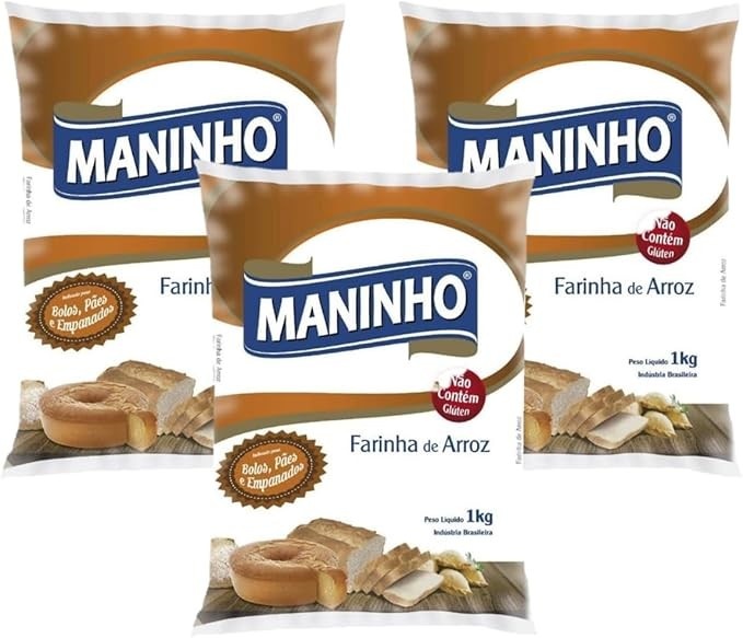 KIT 3 Farinha de Arroz Branco Sem Glúten 1kg - Maninho