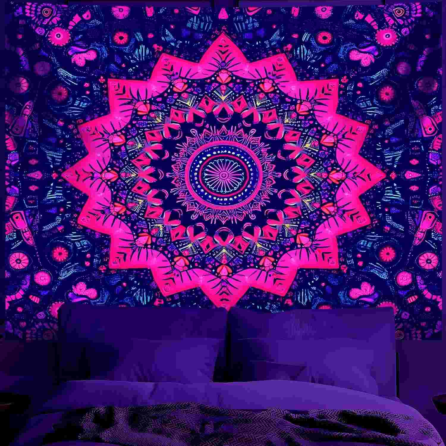 Tapeçaria de Mandala UV Reativa - Arte de Parede Brilhante no Escuro 149x129cm