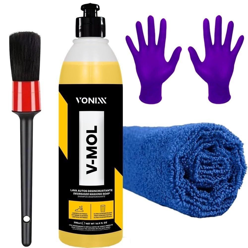 Kit Completo Lavagem Automotiva V-Mol Vonixx: Brilho Impecável com Pincel, Toalha e Luva Nitrílica