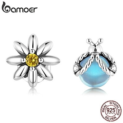 Brincos Assimétricos Prata 925: Margarida e Joaninha Bamoer