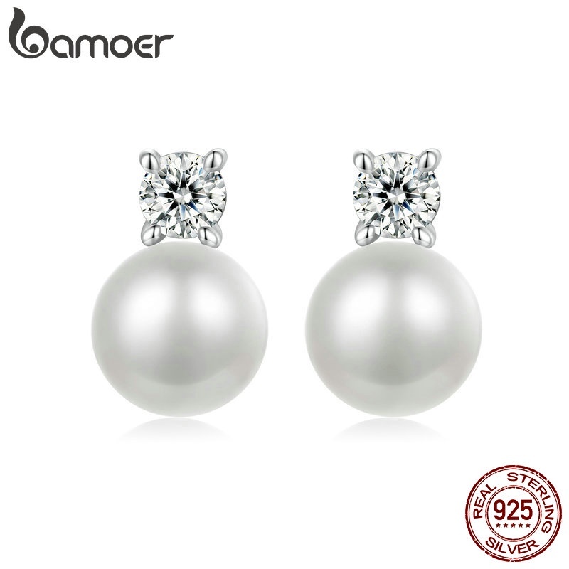 Brincos Bamoer: Pérola & Moissanite em Prata 925