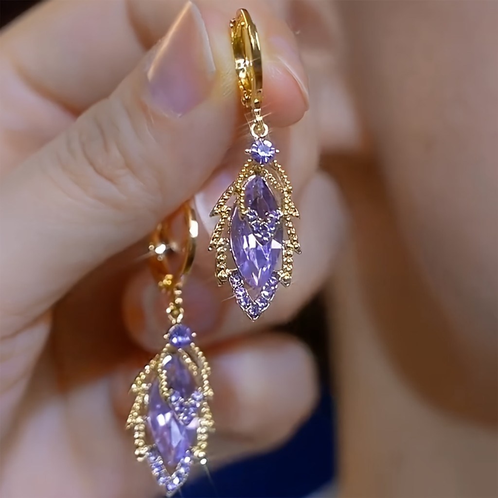 Brincos de Folha com Cristal Roxo Elegantes para Mulher
