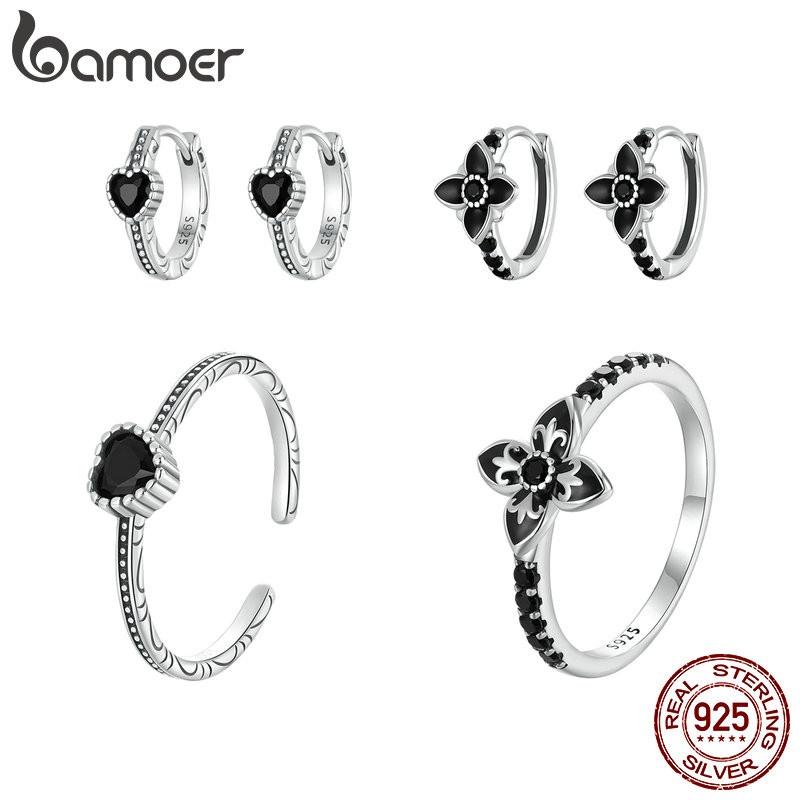 Brincos de Prata 925 Flor Negra Bamoer