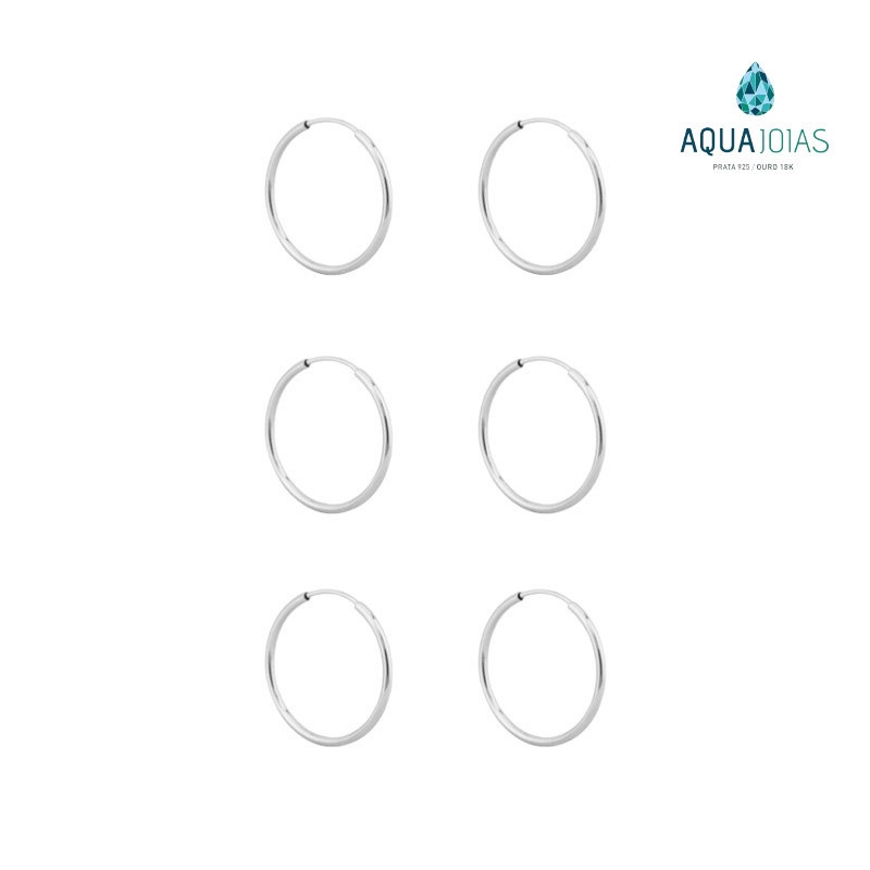 Brincos de Prata 925: Kit 3 Argolas Redondas 14mm