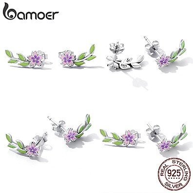 Brincos de Prata Bamoer 925: Flores e Folhas