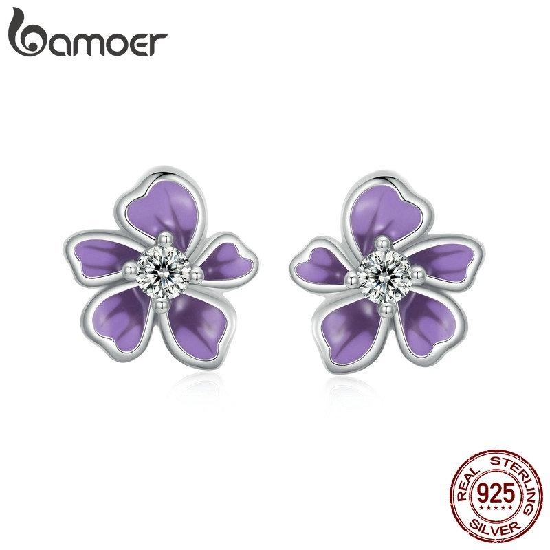 Brincos Flor Roxa Bamoer: Elegância em Prata 925