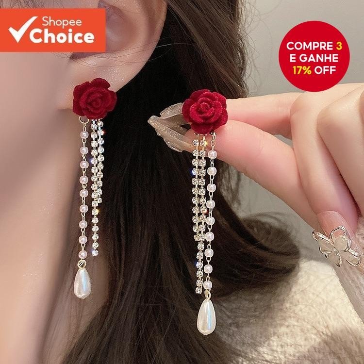 Brincos Rosa de Veludo com Flores e Pérolas para Meninas – Acessórios Femininos Estilosos
