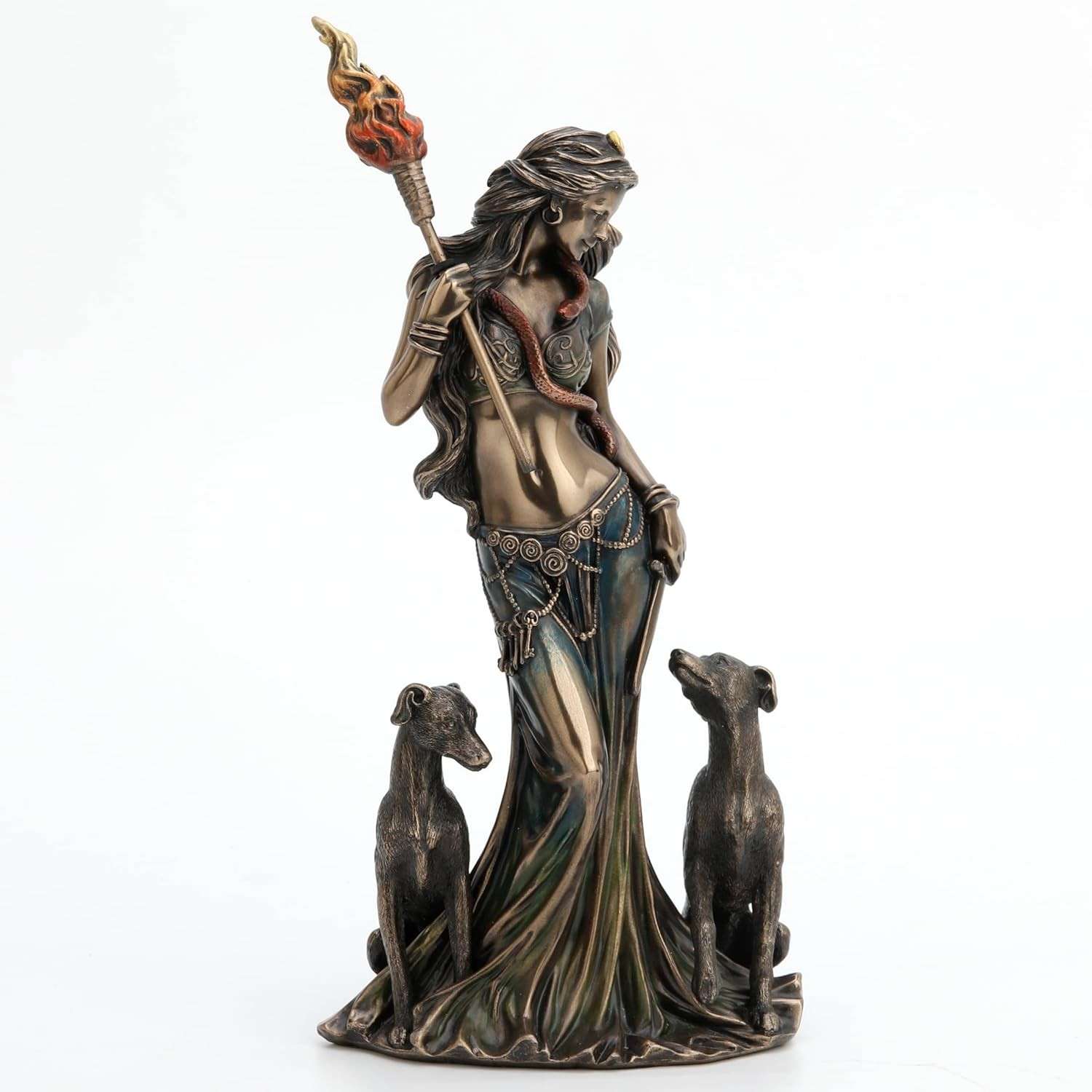 Escultura de Deusa Grega com Cães de Caça – Estátua de Fantasia em Resina Bronze 24cm