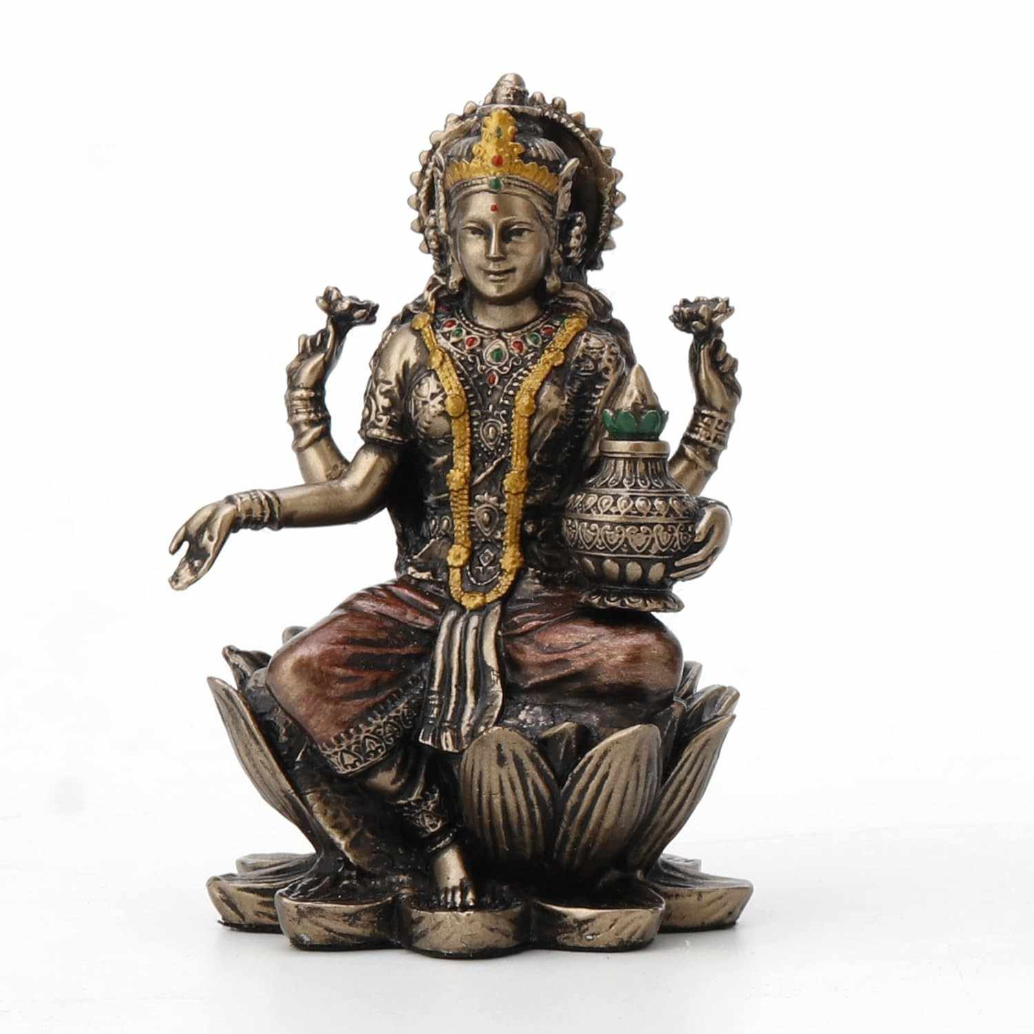 Estátua Lakshmi em Resina com Acabamento Bronze - 9,5 cm | Decoração Espiritual Detalhada