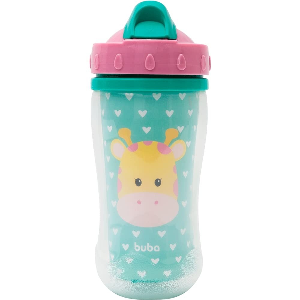 Buba Copo Parede Dupla com Canudo Animal Fun - Girafa Colorida | 320ml Atóxico e Livre de BPA