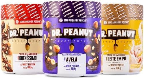 Kit 3x Pasta de Amendoim 600g com Whey Protein - Dr Peanut - AVELÃ-BUENISSIMA-LEITE EM PÓ